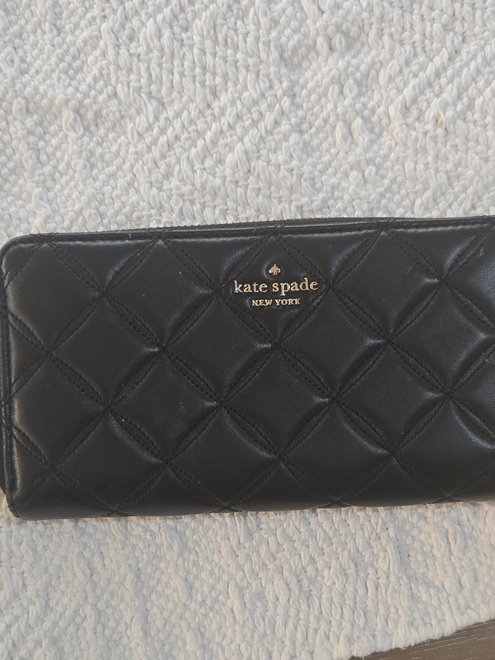 kate spade Black Quilted Leather Zip Wallet with Gold Logo